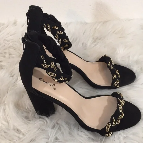 Qupid Sexy Black Braided Chain Accent Chunky Heels - Picture 7 of 16